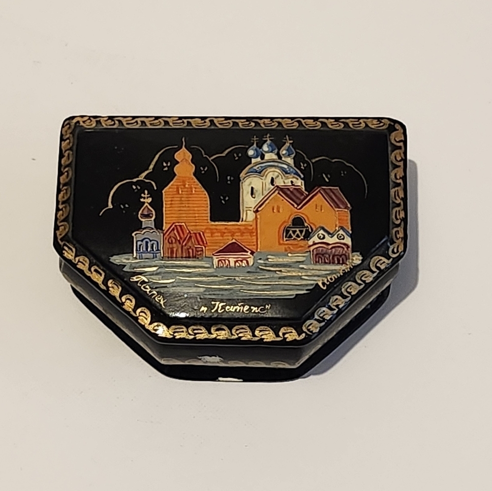 Hand-Painted Signed Black Lacquer Box with Village Scene Landscape
